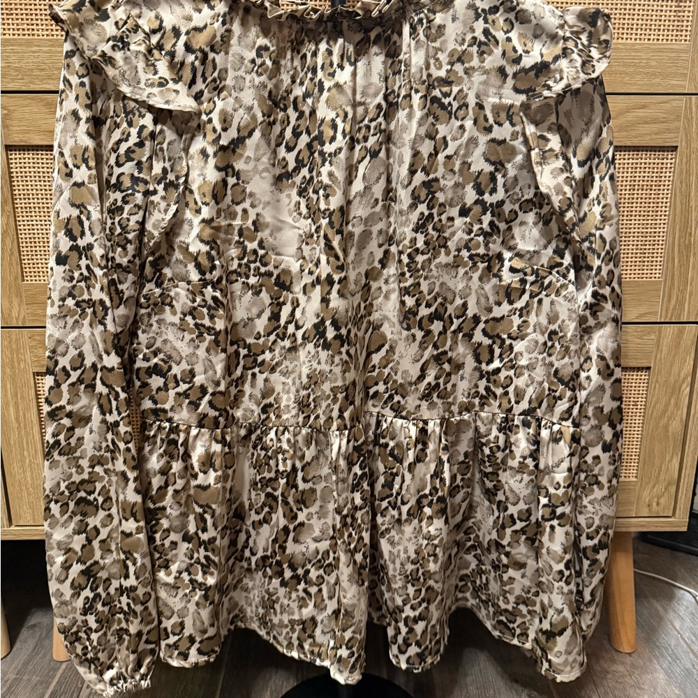 Main Strip Leopard Print Ruffle Collar Blouse in Cream and Brown